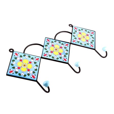 Turquoise And Yellow Ceramic Floral Tiles Hooks